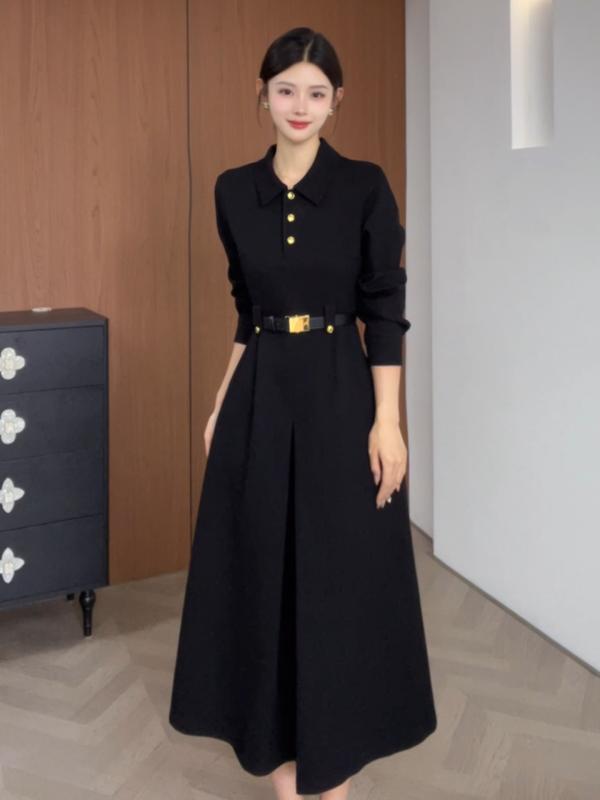 シャツワンピース レディース 女性用 ブラック きれいめ 上品 エレガント 韓国 ロング丈 ハイウエスト ..