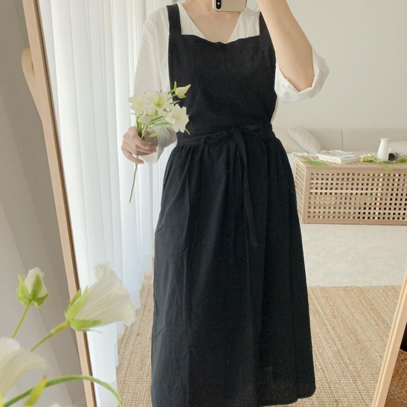 エプロン メンズ レディース ワンピース 韓国 綿麻 森ガール ノースリーブ 割烹着 カフェ 花屋 飲食店 ベーキング 美術 ネイル 作業着 防汚 フリーサイズ 綿 黒 カーキ コーヒー