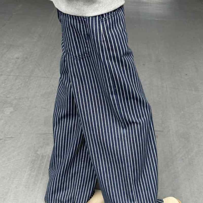 パンツ メンズ レディース ワイド ストレート ルーズフィット ストライプ柄 ブルー ホワイト アメリカンレトロ 個性派 トレンド ロング..