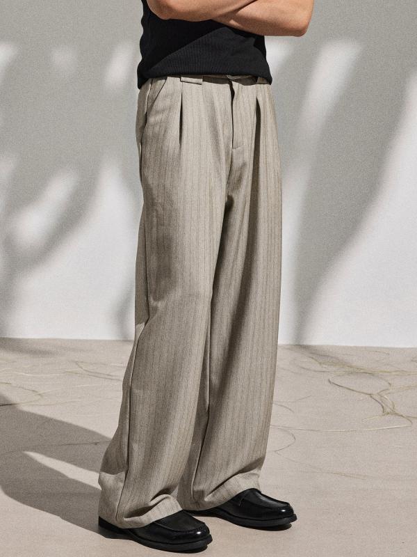 スラックス レトロ ストライプ マラードカラー とろみ感 ピンタック ルーズストレート ミドルウエスト ..