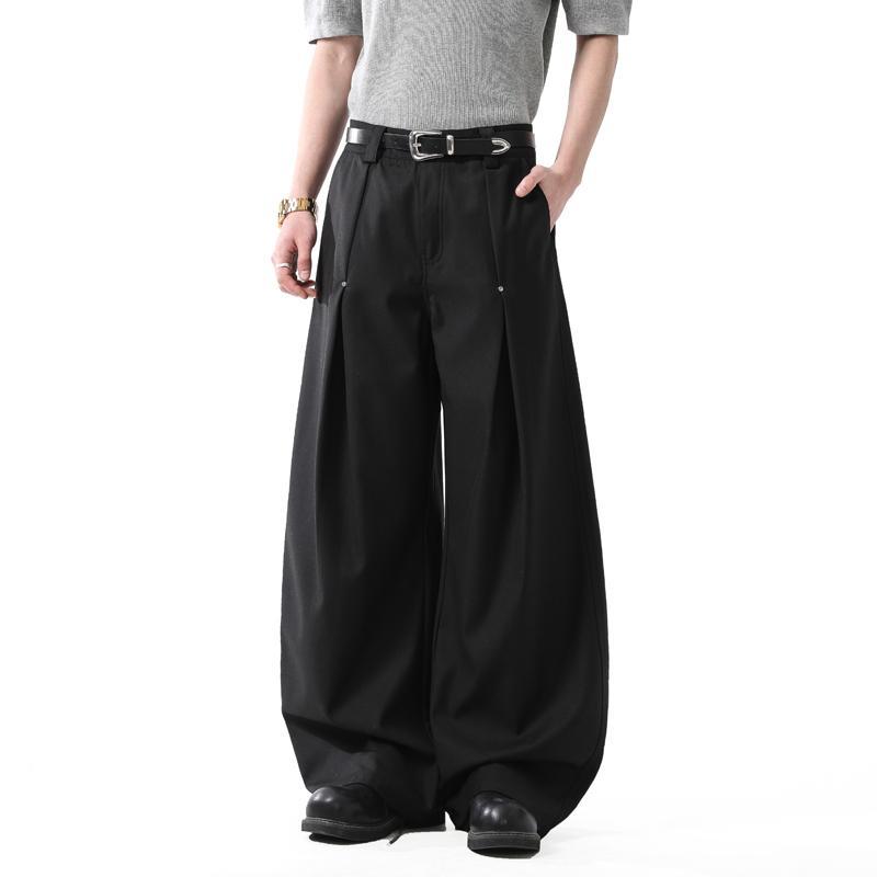 パンツ メンズ 男性用 ワイド ストレート ルーズ ゆったり ドレープ感 落ち感 タック入り レトロ ヴィンテージ風風 アメカジ スタッズ カジュアル ボトムス 通気性 ロング丈 ミドルライズ ブラック 黒