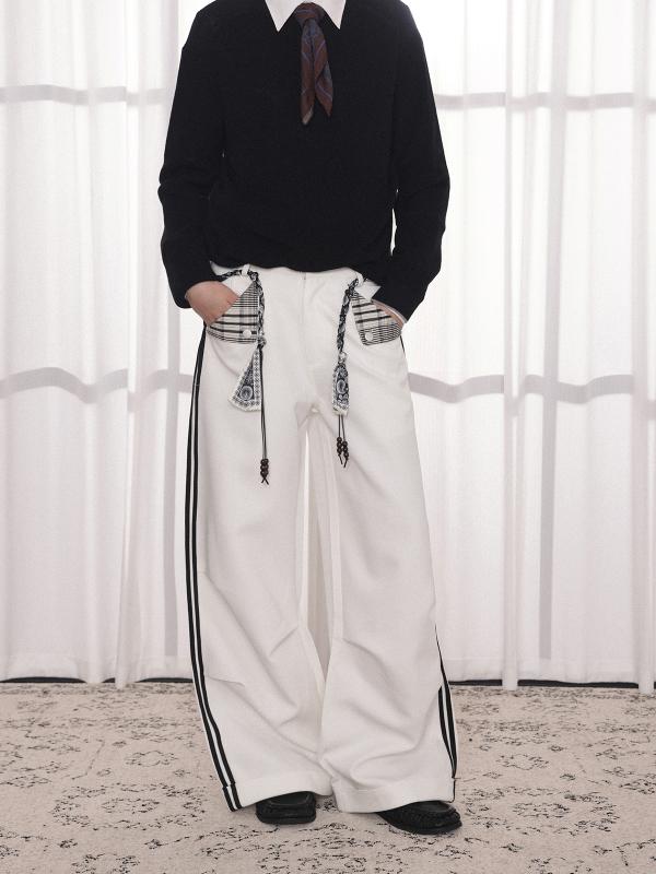 パンツ メンズ レディース 通勤 ストレートパンツ ポケット付き 折り返し チェック柄 サイドライン プリーツ ドレープ感 綿 汎用性 ボトムス 黒 白(4)