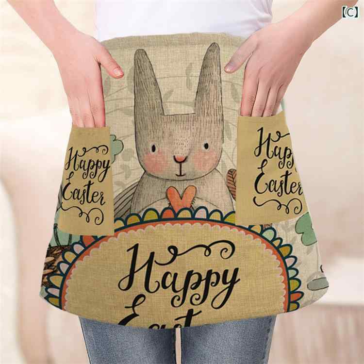 エプロン かわいい ウサギ柄 シンプル キッチン 台所 カフェ ベーカリー 作業用 ワークエプロン ショート丈 ハーフ丈 腰巻き 麻風 リネン風 防汚 おしゃれ