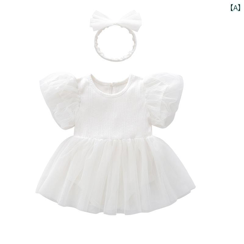 ロンパース ベビー 女の子 夏服 プリンセスドレス メッシュ チュール フリル 半袖 ...