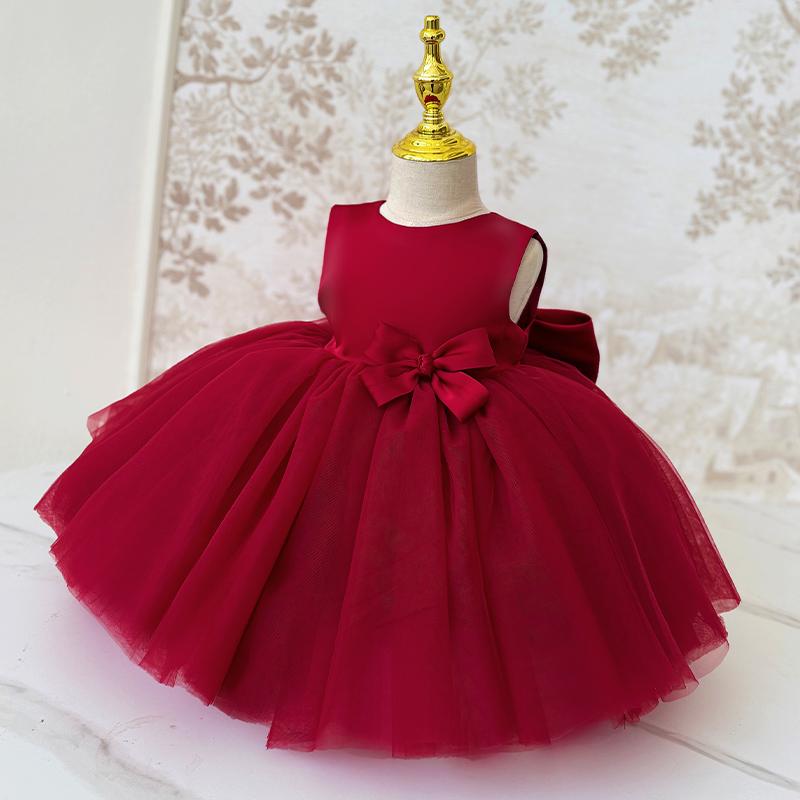 ワンピース 女の子 キッズ ベビー ドレス レッド ピンク ホワイト 誕生日 発表会 パーティー お祝い フォーマル プリンセス 華やか ふわふわ チュール パフスリーブ リボン