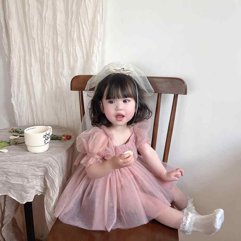 ロンパース 女の子 ベビー 赤ちゃん パフスリーブ チュール プリンセス ドレス カバーオール 百日祝い 1歳 誕生日 記念日 結婚式 セレモニー 春夏 半袖 通気性 ピンク 白