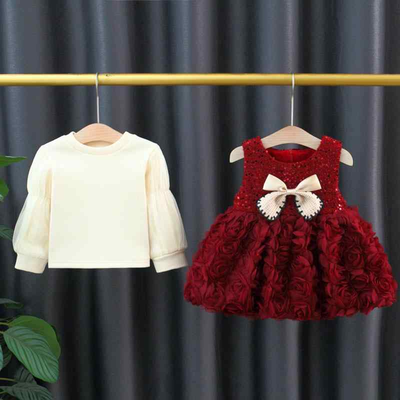 ワンピース 女の子 ベビー キッズ プリンセスドレス フォーマルドレス おしゃれ かわいい 秋冬 1歳誕生日 お正月 晴れ着 ポリエステル ミモレ丈 パフスリーブ ティアード 厚手 ラウンドネック ワインレッド セットアップ