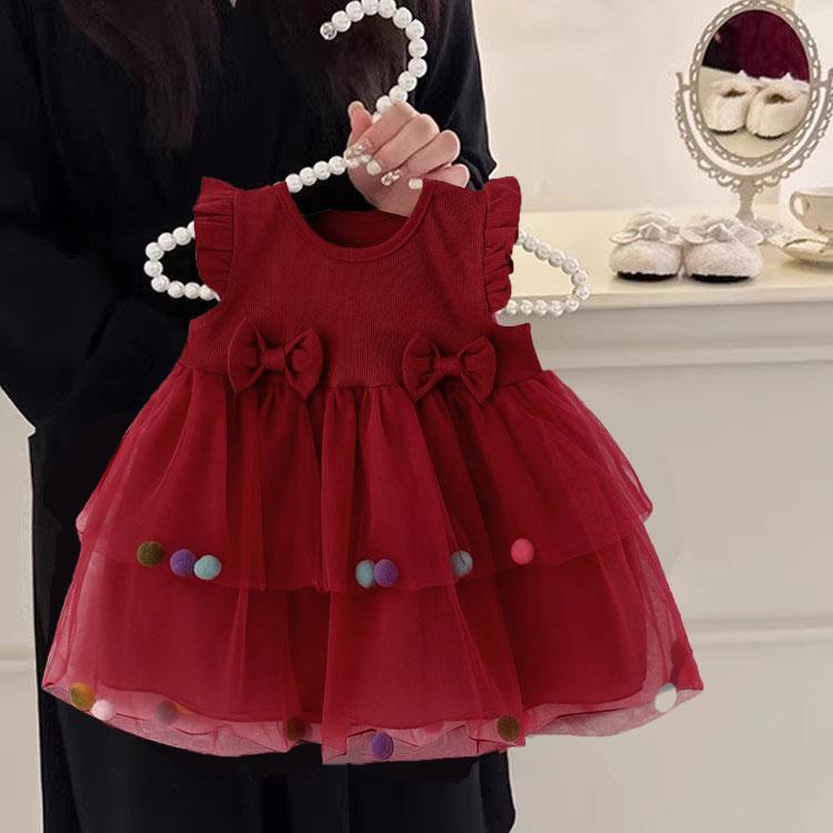 ワンピース 女の子 ベビー キッズ 1歳 誕生日パーティー プリンセスドレス フォーマル 結婚式 お呼ばれ Aライン 半袖 ミディ丈 丸首 綿 ポリエステル 薄手 春夏 ワインレッド ピンク
