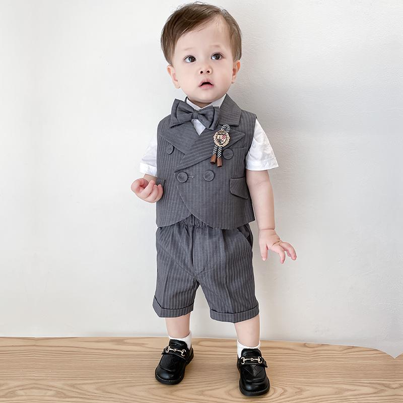 スーツ キッズ 男の子 夏 フォーマル セットアップ 礼服 結婚式 発表会 入学式 卒園式 七五三 誕生日 ダブルブレスト ジャケット ベスト パンツ ストライプ おしゃれ 綿混 グレー