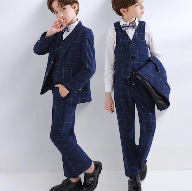 スーツ 男の子 キッズ フォーマル セットアップ 礼服 ピアノ発表会 演奏会 結婚式 卒業式 入学式 七五三 リングボーイ フラワーボーイ 司会者 衣装 ポリエステル シングルブレスト チェック柄 レギュラーフィット ネイビー ブラック ブルー
