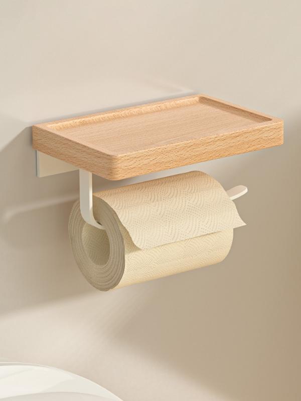 トイレットペーパーホルダー 無垢材 ブナ材 木製 クリーム風 北欧 ナチュラルテイスト アイボリー 壁掛け トイレットペーパー ティッシュケース 収納棚 シェルフ アルミ 洗面所 トイレ バスルーム