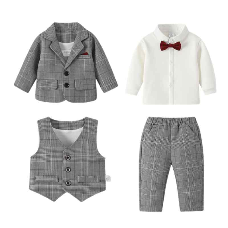 ベビー服 男の子 1歳 誕生日 フォーマル 礼服 秋冬 裏起毛 保温 スーツ キッズ セットアップ 綿 長袖 チェック柄 グレー ブラック シワになりにくい ブリティッシュスタイル テーラードカラー シングルブレスト