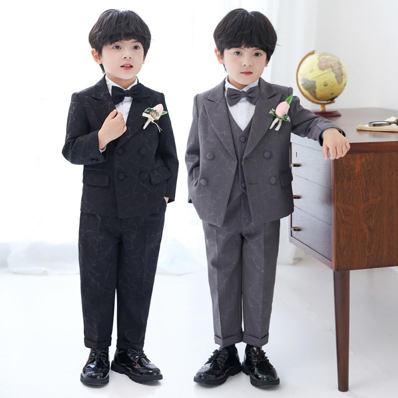 スーツ キッズ 男の子 英国風 ブリティッシュ 紳士 フォーマルスーツ 礼服 セットアップ ダブルブレスト 秋冬 誕生日 ピアノ発表会 演奏会 司会 結婚式 入学式 卒業式 七五三 セレモニー 混紡素材 ポリエステル混 グレー ブラック