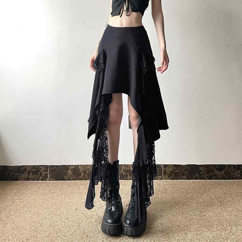 スカート レディース 春夏 アシンメトリー レース 切り替え リボン ハイウエスト 細見え ドレープ感 ポリエステル Aラインスカート カジュアル ボトムス 黒