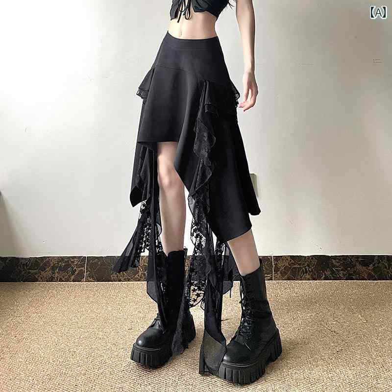 フロントップ楽天市場店のスカート レディース 春夏 アシンメトリー レース 切り替え リボン ハイウエスト 細見え ドレープ感 ポリエステル Aラインスカート カジュアル ボトムス 黒｜アングル2