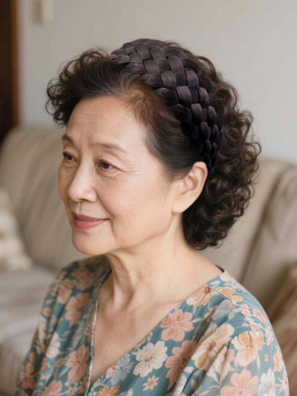 カチューシャ レディース ミセス ウィッグ 幅広 厚手 頭頂部 白髪隠し 白髪カバー 三つ編み ブレード ..