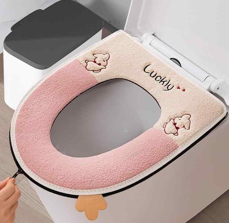 便座カバー 便座クッション オールシーズン 防水 家庭用 厚手 ファスナー 洗える ふわふわ もこもこ あったか かわいい おしゃれ 着脱簡単 ピンク ブルー グレー