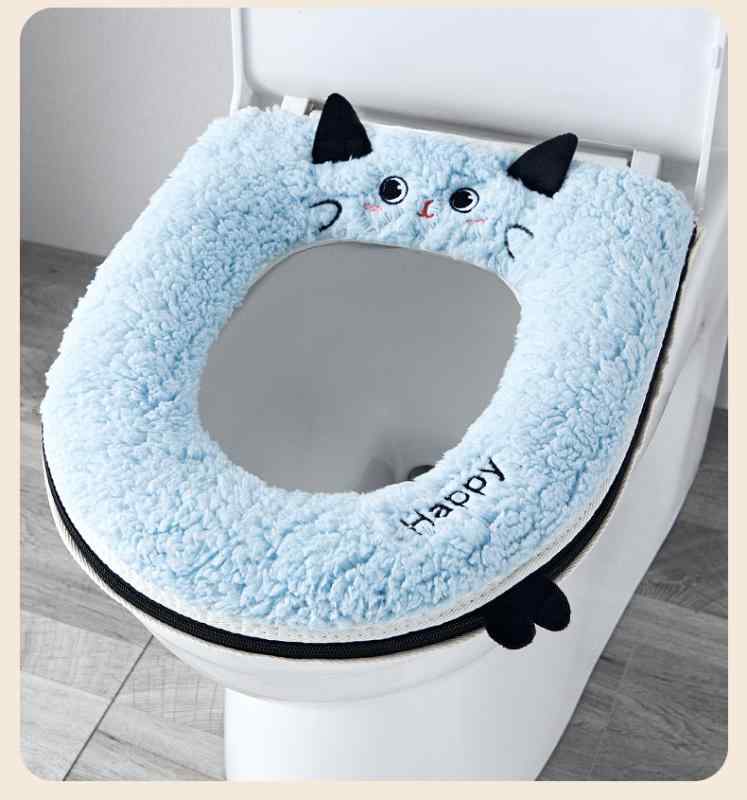 便座カバー 厚手 家庭用 大型 トイレ用品 防水 オールシーズン ファスナー式 黒耳猫柄 かわいい ふわふ..