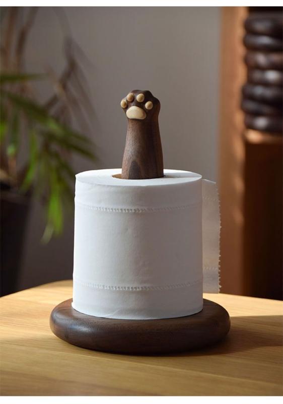 トイレットペーパーホルダー 猫の爪 手のひら かわいい猫 小鳥 モチーフ 無垢材 木 ウォールナット サ..