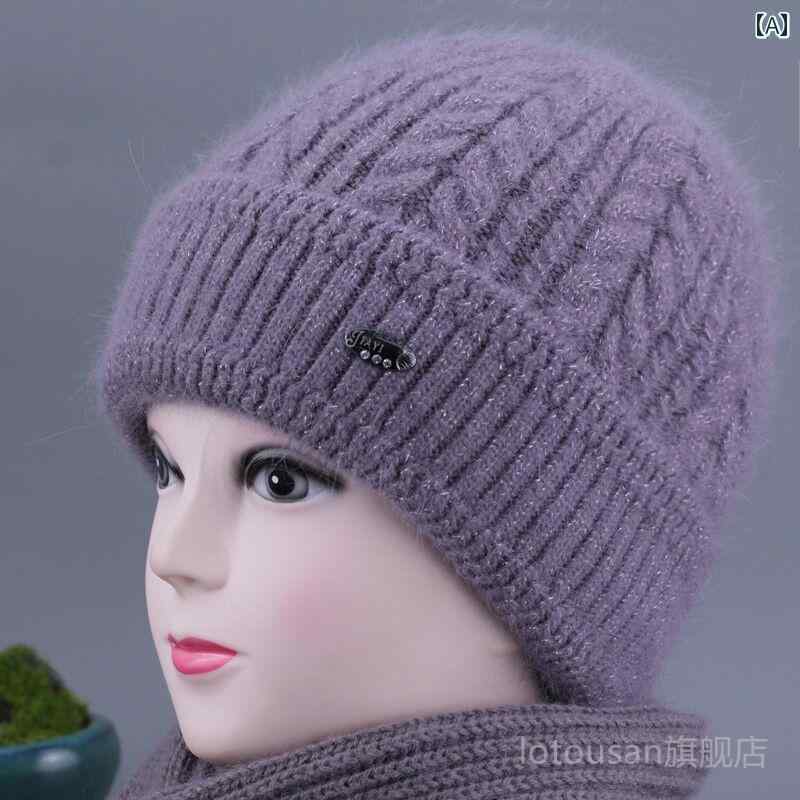 帽子 レディース 中高年 女性 冬 防寒 保温 裏起毛 厚手 ニット帽 毛糸 綿 コットン 伸縮性 花柄 フラットトップ ショートブリム タロ芋 パープル ワインレッド