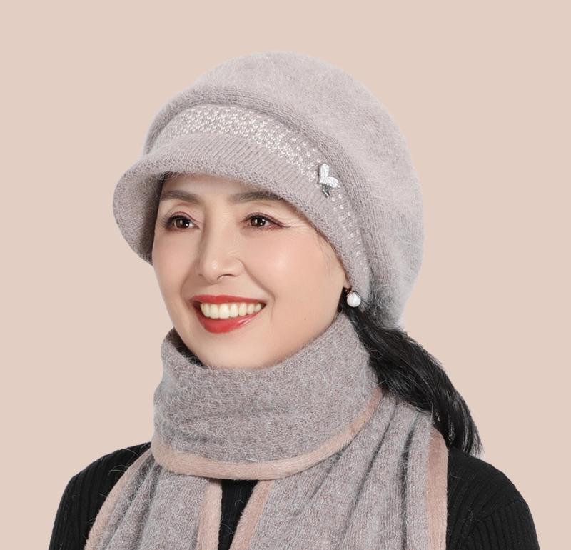 帽子 レディース 女性用 ミセス シニア向け ニット帽 混紡 裏起毛 厚手 保温 防寒 エレガント 秋冬 普段使い アウトドア コーヒー 薄紫 ワインレッド