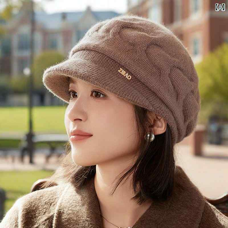 Knit Hat - ニット帽 レディース 混紡 厚手 暖かい 防寒 保温 おしゃれ カジュアル ミセス 秋冬 お出かけ 普段使い カーキ ブラック ワインレッド