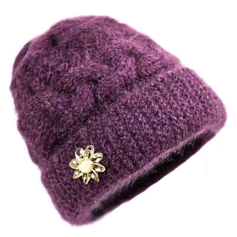 ニット帽 レディース シニア 婦人 ママ 祖母 秋冬 防寒 厚手 裏起毛 保温 耳あて 耳保護 カジュアル 旅行 普段使い ブラック ワインレッド パープル(4)