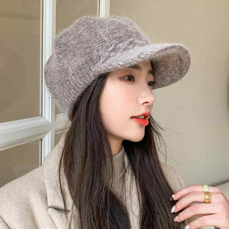 Knit Hat - ニット帽 レディース つば付き 韓国 おしゃれ トレンド 防寒 保温 厚手 あたたかい うさぎ毛混 耳まで暖かい カジュアル 普段使い お出かけ ショッピング 街歩き 幅広い年代 秋冬 ブラック グレー ピンク系