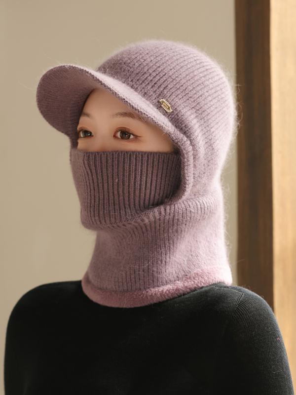 Knit Hat - ニット帽 レディース 中高年 ママ シニア 防寒 保温 裏起毛 厚手 一体型 フード ロシア帽 耳当て付き サイクリング 自転車 バイク 通勤 通学 防風 柔らか 快適 秋冬 カーキ 浅紫 ワインレッド