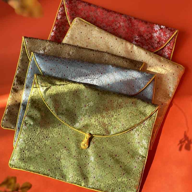 経本入れ おしゃれ 巾着 袋 錦織 デイジー柄 Lサイズ 丸角 組み紐ボタン 中国風 厚手 ブックバッグ 御..