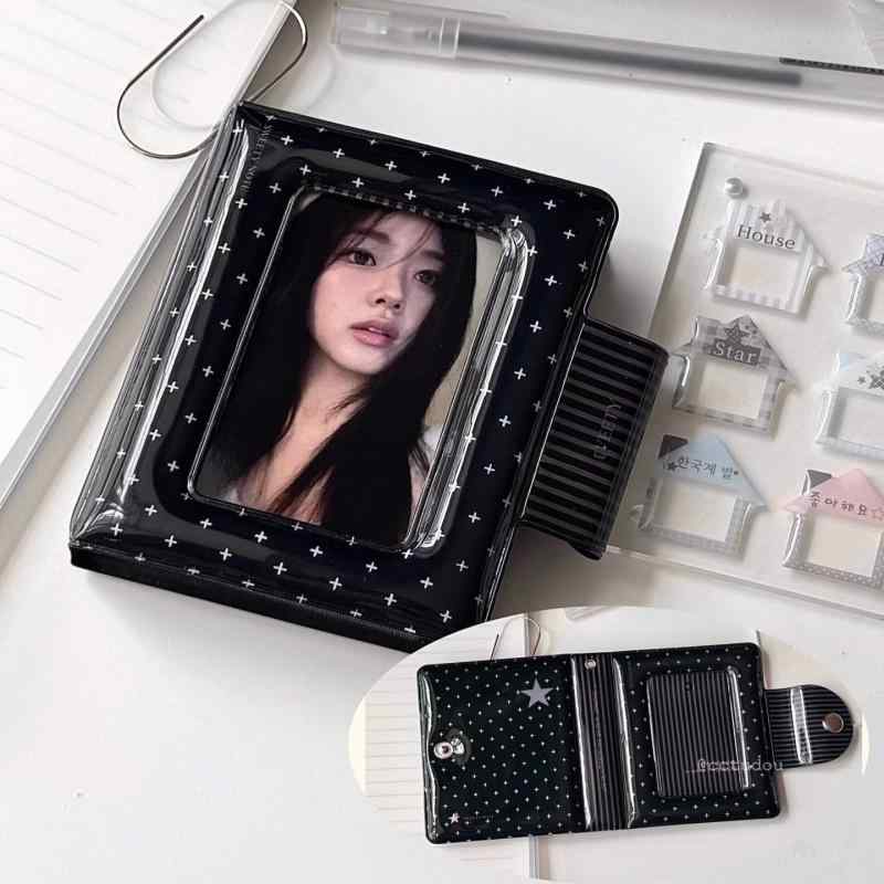 トレカ ファイル 韓国 メンズ レディース 黒 星柄 レザー 1ポケット 16ページ 32枚収納 ミニカード チェキ ポラロイド コレクション ディスプレイ コンパクト