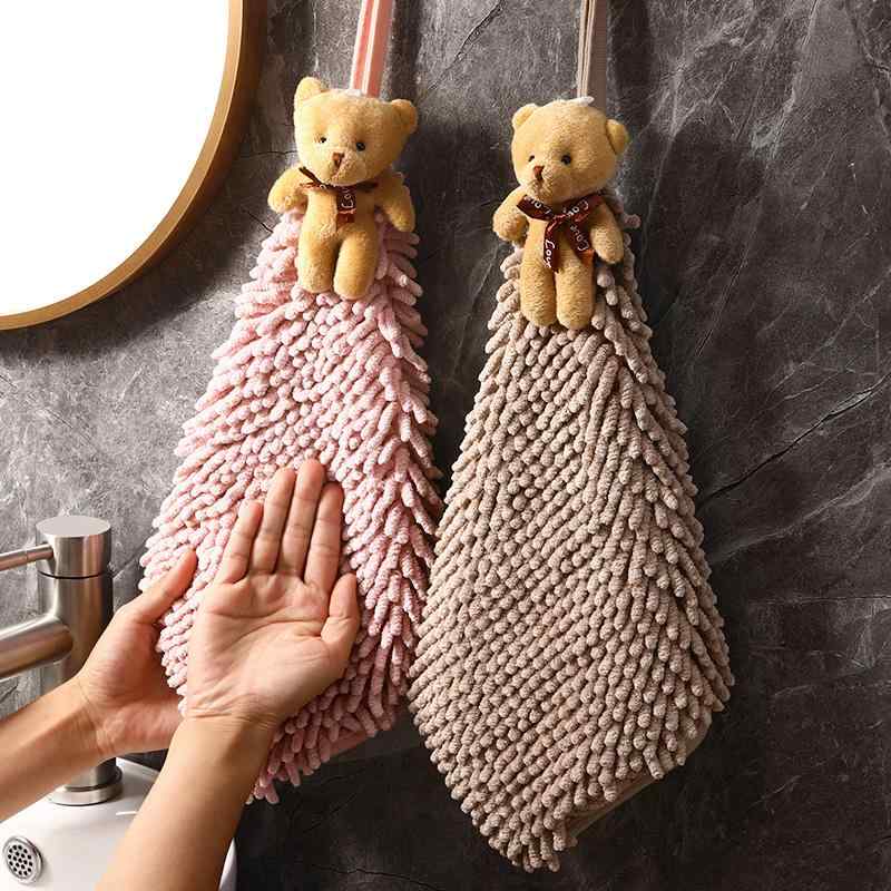 ハンドタオル キッズ 男の子 女の子 シェニール かわいい キャラクター 厚手 フック付き 吸水 速乾 キッチン 洗面所 台所 バスルーム 普段使い グレー ピンク カーキ