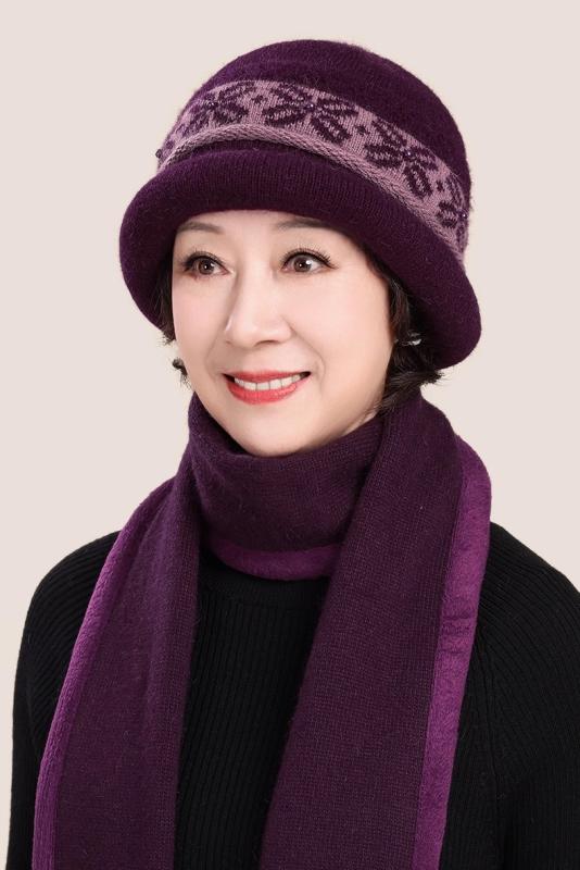 Knit Hat - 帽子 レディース ミセス シニア 婦人用 おしゃれ ニット帽 ワッチ 冬 裏起毛 防寒 保温 暖かい ラビット混 伸縮性 ディープパープル ブラウン ダークレッド