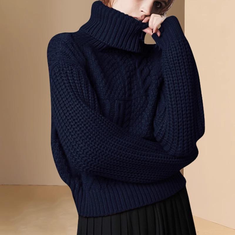 ニット レディース ハイネック タートルネック ケーブル編み ローゲージ セーター プルオーバー ゆったり ルーズ 厚手 長袖 フレンチ 大人 きれいめ 上品 リラックス 抜け感 保温 暖かい 通勤 秋冬 ネイビー レッド 無地 カジュアル 韓国ファッシ