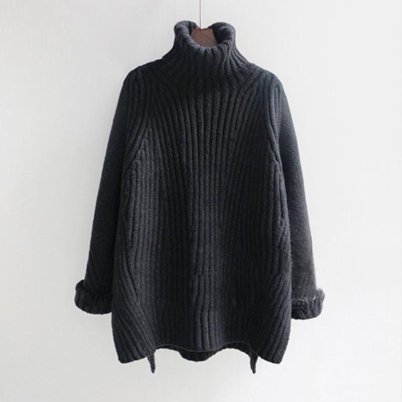 Three-Quarter Knit - ニット レディース ハイネック プルオーバー セーター トップス ゆったり ルーズフィット 厚手 あったかい 保温 粗い毛糸 ローゲージ ミドル丈 前後差丈 韓国 秋冬 黒 グレー ベージュ 通勤 普段使い デイリーユース