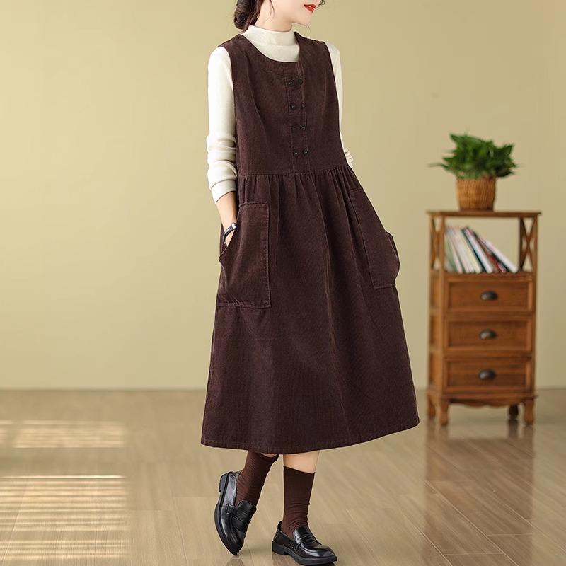 ワンピース レディース マタニティ コーデュロイ サロペット ジャンパースカート ノースリーブ ブラウン 低身長向け ハイウエスト ラウンドネック 無地 ソフト 普段使い デイリー 妊婦服 プレママ 妊娠初期後期 産後兼用 春秋
