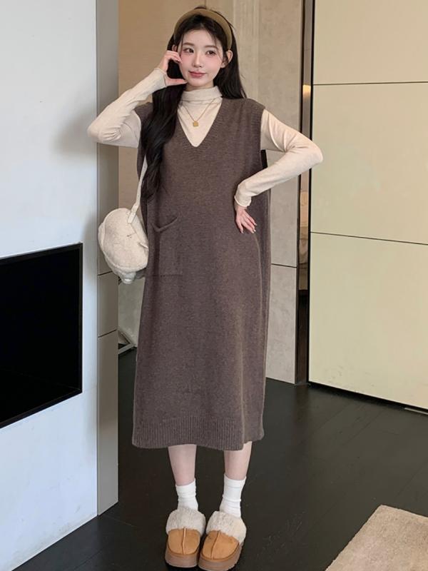 ワンピース マタニティ ニット ジャンパースカート 2点セット 秋冬 ゆったり Vネック ストレート ミディ丈 おしゃれ シワになりにくい 伸縮性 長袖 コーヒー ベージュ カーキ