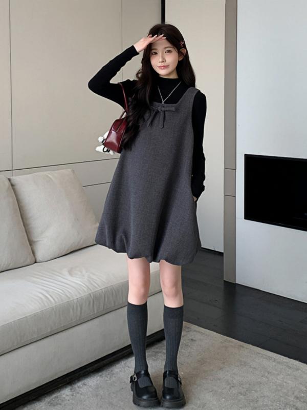 マタニティ 妊婦 ジャンパースカート ベストワンピース サロペットスカート 2点セット ツーピース リボン つぼみスカート コクーンスカート シンプル 韓国 ゆったり 快適 柔らかい 厚手 ウール調 普段使い デイリー 秋冬 グレー 黒
