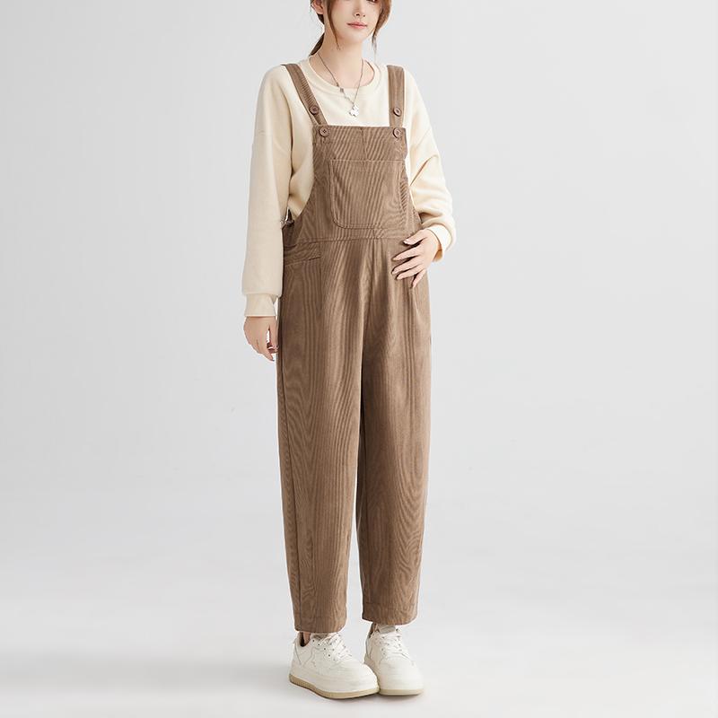 マタニティ 妊婦用 コーデュロイ サロペット オーバーオール 秋冬 厚手 裏起毛 腹部サポート 大きいサイズ 全妊娠期間対応 カジュアル カーキ ダークグレー