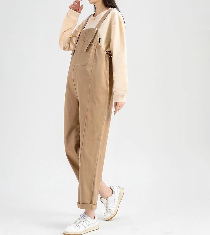 オーバーオール レディース マタニティ 妊婦用 サロペット ゆったり ルーズ ワイドパンツ 綿 コットン 大きいサイズ 低身長向け お腹サポート カーキ 黒 ダークブルー 春秋 普段使い ワークスタイル