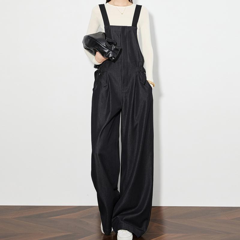 サロペット レディース デニム オーバーオール ワイドパンツ オールインワン 高身長向け ロング丈 フルレングス ゆったり カジュアル ポリエステル ブラック