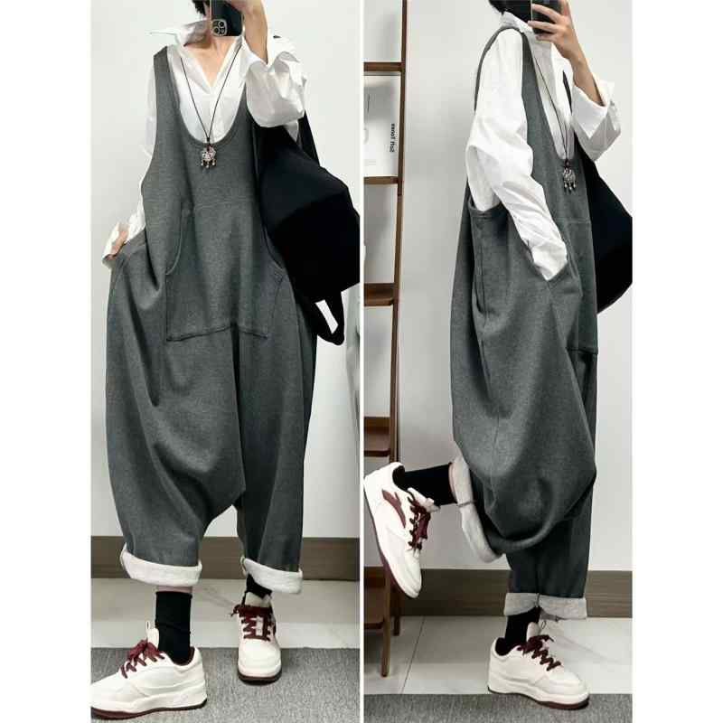 サロペット メンズ レディース 香港風 コットン スウェット オーバーオール ゆったり ルーズ ワイド カンガルーポケット ドロップショルダー サルエルパンツ ハイウエスト ストレート ロングパンツ 通勤 普段使い ブルー ブラック グレー