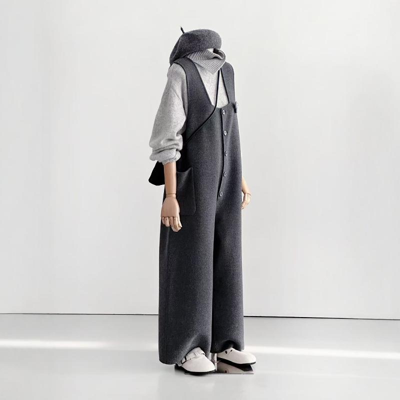 パンツ レディース 秋冬 ダブルフェイス ウール サロペット オールインワン ワイドパンツ ハイウエスト 長丈 韓国 若見え 小柄 低身長 着回し 普段使い 通勤 オフィス カジュアル ダークグレー