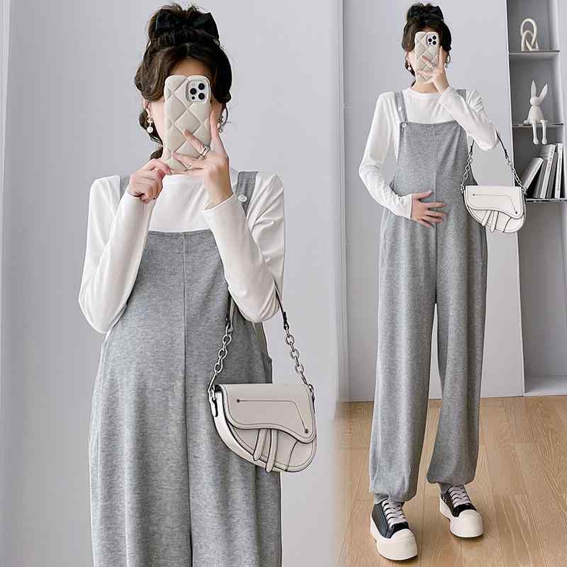 サロペット レディース マタニティ グレー 春夏 ゆったり カジュアル 普段使い 低身長向け 裾絞り テーパード ハーレムパンツ ハイウエスト ロング丈 2点セット 韓国 通勤