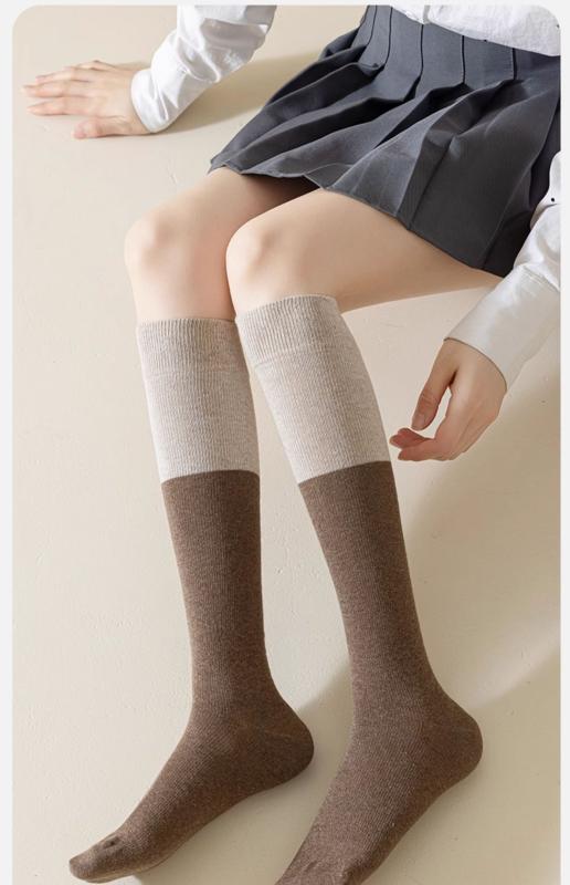 ソックス レディース 着圧 強圧 美脚 スタイルアップ ずり落ちにくい オーバーニー ニーハイ ふくらはぎ丈 切り替え 配色 綿 コットン 秋冬 黒 グレー カーキ