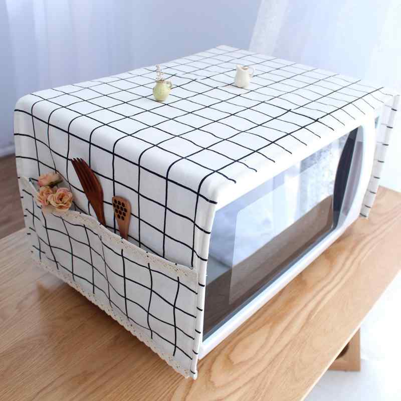 電子レンジカバー オーブン対応 防塵 マルチカバー 綿麻 コットンリネン カントリーチェック柄 シンプル モダン 家庭用 インテリア ファブリック