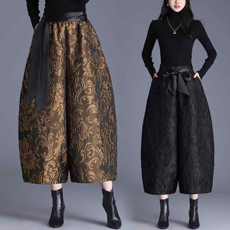 ボトムス レディース ハイウエスト ワイド バルーン クロップド丈 九分丈 ゆったり 裏起毛 厚手 秋冬 防寒 エンボス ジャカード織り カジュアル 普段使い 大きいサイズ 黄 黒