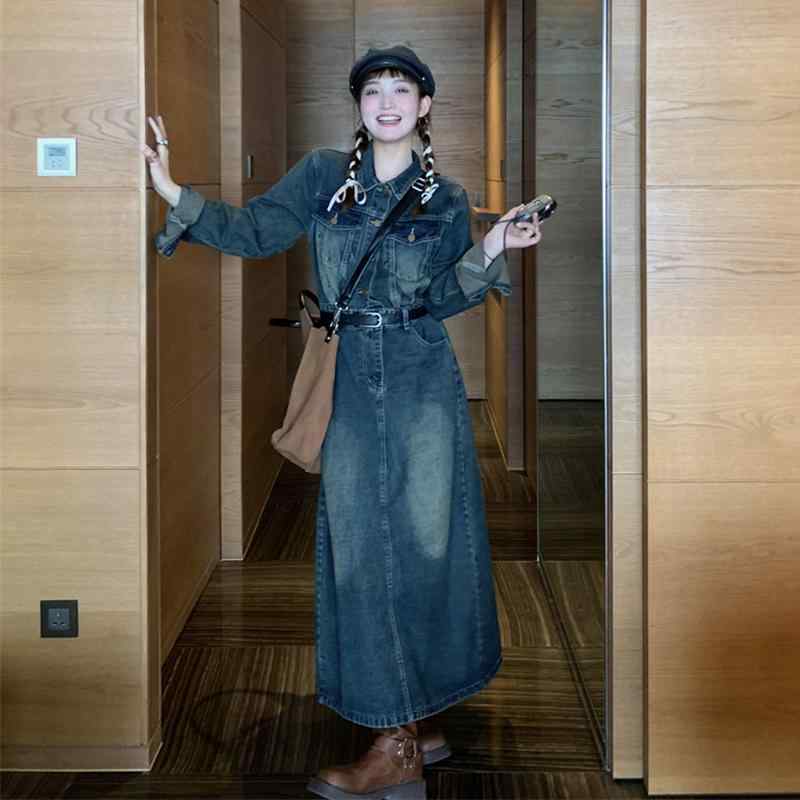 ワンピース レディース デニム 秋冬 ヴィンテージ風 レトロ 韓国 長袖 シャツ襟 ミディ丈 ウエストマー..