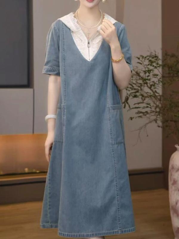 乐天商城 - ワンピース レディース デニムドレス ポケット付き レース フード付き 色落ちしにくい 体型カバー 着痩せ効果 ゆったり 大きいサイズ Aライン 半袖 カジュアル 普段使い デニムブルー 春夏