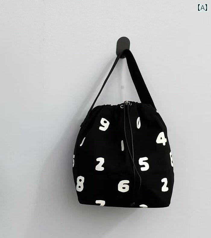 ランチバッグ 数字柄 トートバッグ 巾着型 弁当袋 保温機能付き 帆布 キャンバス生地 手提げバッグ 普段使い カジュアルスタイル お弁当入れ おしゃれ 黒 白